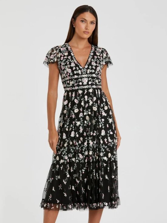 Mac Duggal Dresses & Skirts - Mac Duggal Black Multicolor Embroidered V Neck Cap Sleeve Midi Dress Size 8